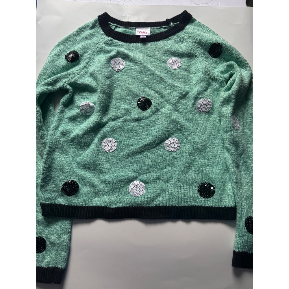 Justice Girls Mint Green Sequin Polka Dot Shimmer Knit Sweater Size 14